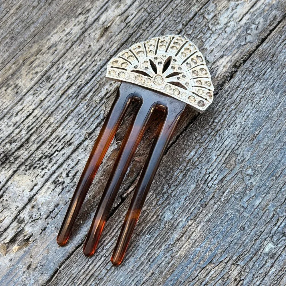 1920s Art Deco Celluloid Silver Rhinestone Hair Clip Comb Vintage Tortoise shell - Picture 2 of 6